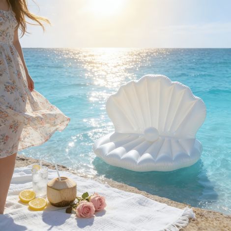 Lit flottant à coquille de perle extra-large, conçu pour les piscines, transat de coquille gonflable super stable avec boules décoratives, jouet d'eau d'été flottant en forme de coquille (1/4)