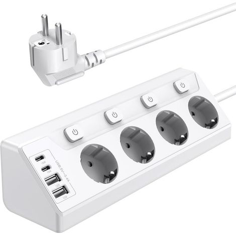 Prise Plan de Travail Cuisine, Multiprises avec 2 Ports USB A et 2 Ports USB C, Multiprise 4 Prises avec Interrupteur, Rallonge Électrique 2m pour Meuble, Canapé, Bureau, Table (1/5)
