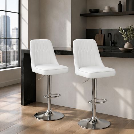Pack de 2 taburetes de bar regulables en altura, giratorios 360°, PU blanco, metal plateado (1/5)