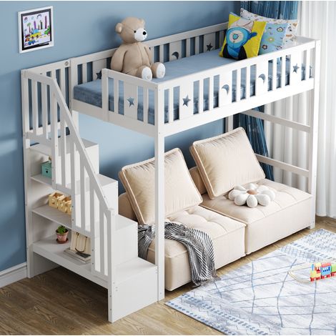 Cama alta infantil 253x95x171 cm, con escalera, estantes integrados, zona de sofá, madera maciza blanca (1/5)