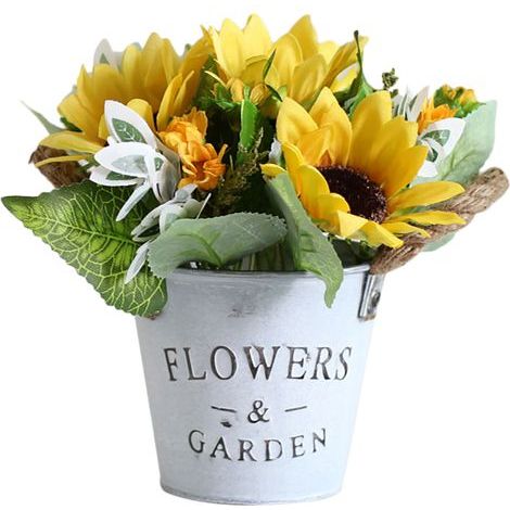 Plante en Pot de Tournesol de Simulation, Pot de Fleurs Artificielles de Corde de Sisal Rugueux de Seau de Bidon Vintage de Tournesol (Z) (1/5)