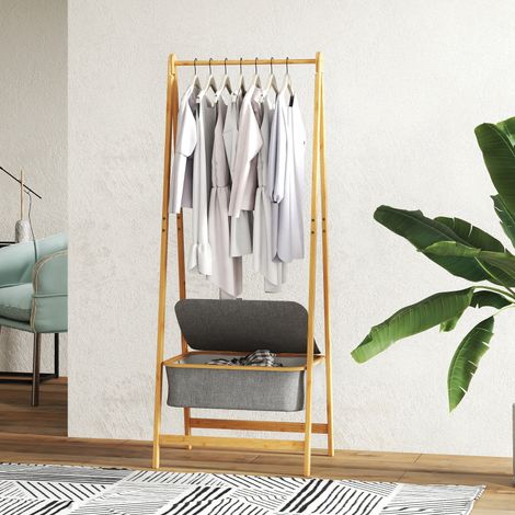 Appendiabiti pieghevole in bambù con cestino in tessuto e coperchio per corridoio, ingresso, camera da letto, 60x44,5x157,5 cm, grigio