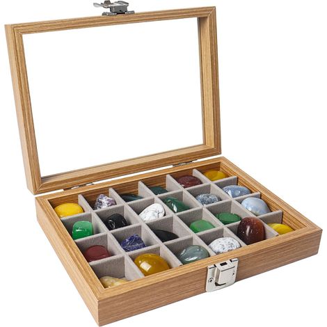 Boîte de présentation à 24 compartiments en cristal, boîte de collection en bois avec couvercle en verre transparent, boîtes de rangement pour pièces de collection, fossiles, pierres précieuses (1/5)