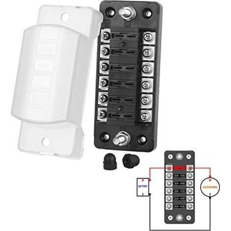 Boîtier fusible 12V 6 voies pour ATO/ATC 1-20A – Tension 32V – Matériau PBT – Connecteurs à vis M5 – Installation rapide par vis autoforeuses