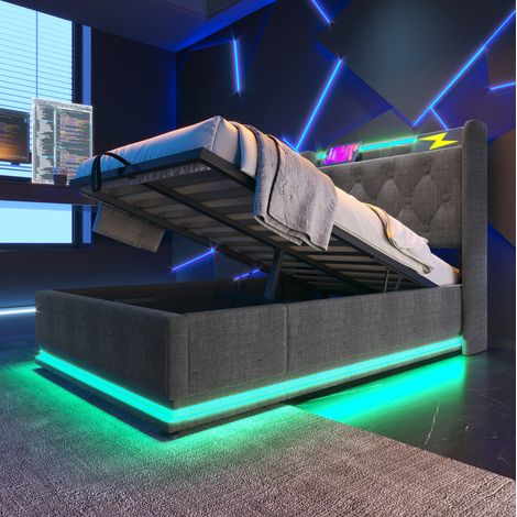 Lit coffre 90x200 cm gris en tissu effet lin avec matelas, éclairage LED et ports USB (1/5)