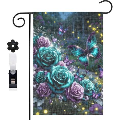 Drapeau vertical fond doré et roses bicolores 30 x 45 cm décoration saisonnière cour (1/5)