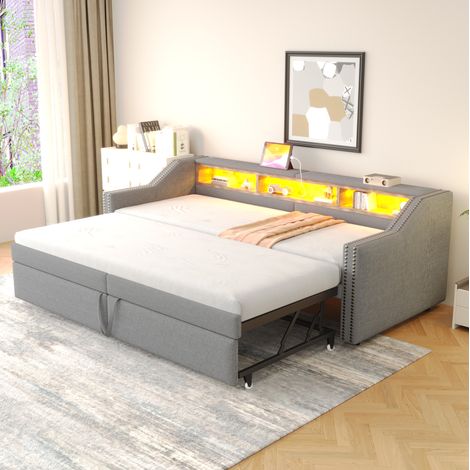Letto divano imbottito moderno 90/180x200 cm in tessuto grigio chiaro, estraibile, con rete a doghe, USB, LED e vani laterali (1/5)
