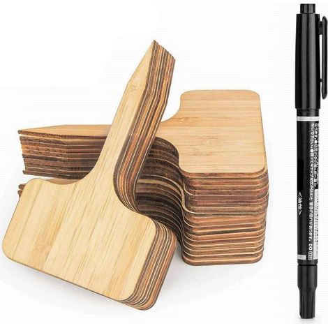 50 etichette per piante in bambù con pennarello, etichette in legno a T per giardino, ideali per semi, vasi, erbe aromatiche, fiori e ortaggi (6 x 10 cm)