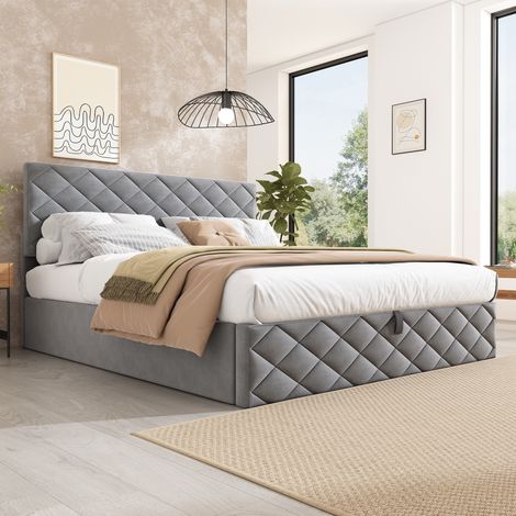 Letto a cassone adulti 140x200 cm con rete a doghe e vano portaoggetti, in velluto, senza fondo, senza materasso, grigio (1/5)