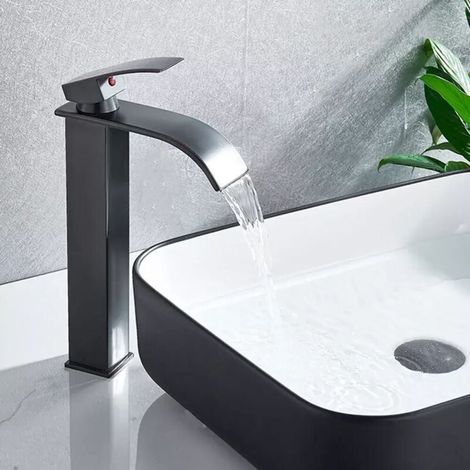 Robinet Salle de Bain Design Moderne de Cascade Robinet Lavabo Noir Durable Supérieure Eau Chaude et Froide Réglable (1/5)