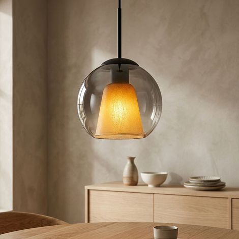 LED Pendelleuchte Hängelampe Esszimmerlampe Glas rauchfarben schwarz H 120 cm (1/5)