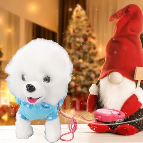 Un adorable chien en peluche électrique avec une laisse, qui hoche la tête, chante, marche et est de couleur bleue. (1/5)