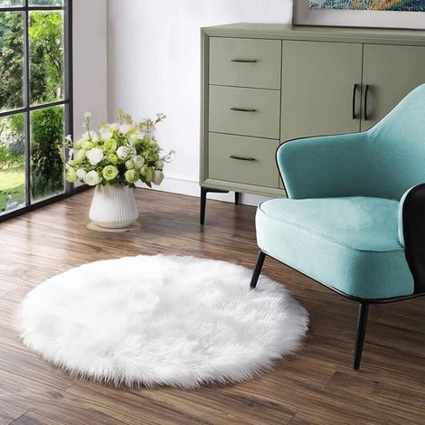 Tapis Rond Moelleux 90 cm Tapis Blanc en Peau de Mouton en Fausse Fourrure Lavable Petit Tapis Doux pour Chambre à Coucher (1/5)