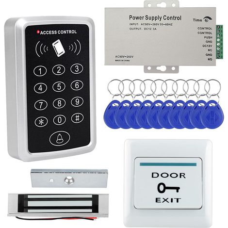 Système de clavier de contrôle d'accès RFID avec alimentation et serrure de porte magnétique de 180 kg, kit d'entrée carte et broche avec bouton de sortie et 10 porte-clés pour bureau (1/5)