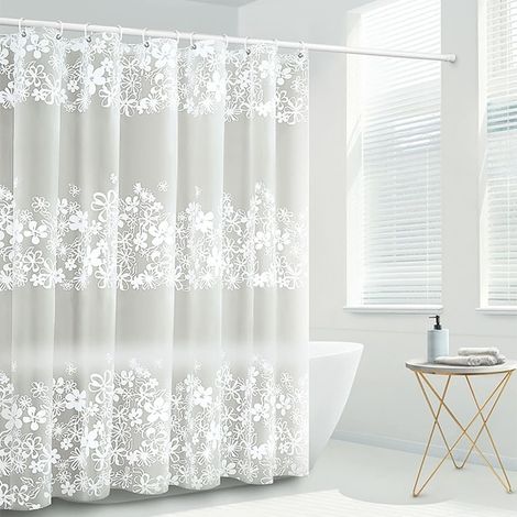 Rideau de douche transparent anti-moisissure et imperméable 180 x 200 cm blanc, motif floral, œillets magnétiques, résistant aux moisissures (1/5)