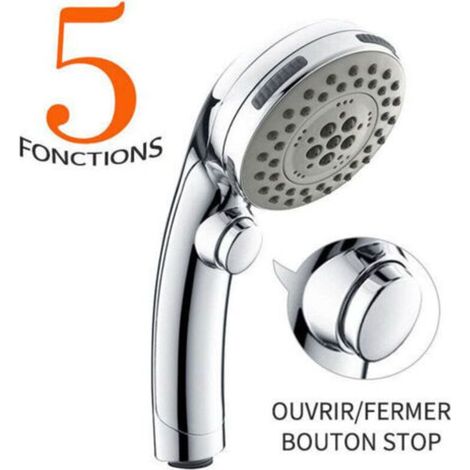 Pommeau de Douche Chromé avec Bouton Stop Douchette à Main 5 Jets au Choix Pomme de Douche Picots Anticalaire Type Universel (1/5)