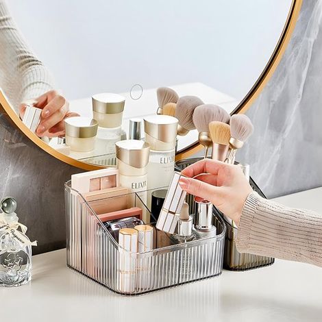 Organizador transparente para brochas de maquillaje para tocador o encimera de baño，Organizador de artículos de aseo con capacidad para 4 vasos (1/5)