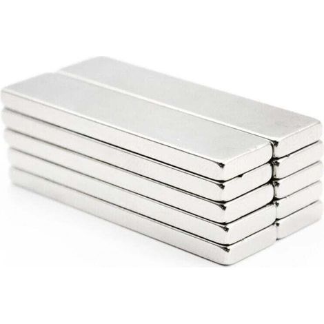 Pack de de 10 aimants en néodyme rectangulaires - Argenté - Barre magnétique de terre rare - Destiné à cuisine, XU, Tableaux blancs, Réfrigérateurs - 40 x 10 x 3 mm - KZQ
