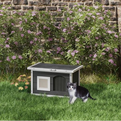 Maison pour chat 61x45x36,5 cm en bois gris, facile à monter, intérieur extérieur FloraGrace (1/5)