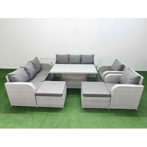 Fimous PE Rattan High Back Lounge Sofa Set Patio Adjustable Lifting Dining or Coffee Table & Chairs Set with 3 Seater Sofa Reclining Chair 2 Big Footstool Side Table Light Grey (1/5)