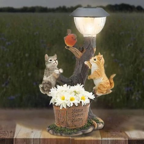 Jardin de fées, Statue de Jardin, Ornement Solaire Ornement lumière résine Statues de Chats lumières solaires pour pelouse de (1/4)