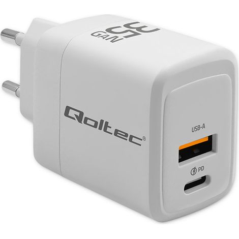 Qoltec 35W GaN-Wandladegerät  5–20 V  1,5–3 A  1 x USB-C PD  1 x USB QC 3.0  Weiß (1/5)
