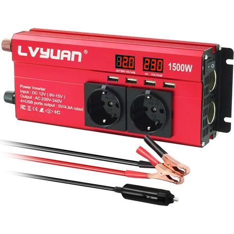 Applicable Convertisseur 12v 220v 1500W DC à AC convertisseur de Puissance Voiture onduleur Transformateur avec 4 Ports USB, 2 Prises EU et 2 Prises pour Allume cigares