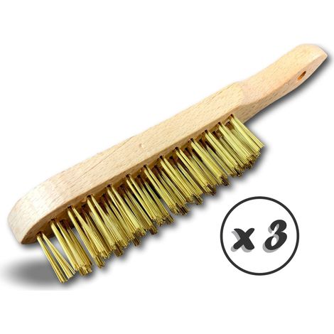 Brosse métallique à main Type soudeur Manche ergonomique bois - Lot de 3 - Laiton ondulé