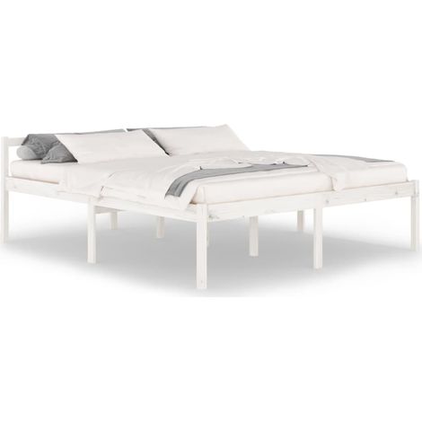 Lit adulte pour 2 personnes, Structure de lit, Assemblage Facile, Blanc Bois de pin massif 180x200 cm Super King OIB5715E (1/5)