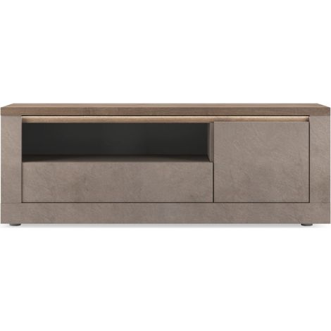 Meuble TV SASHA – 1 porte, 1 tiroir et 1 niche avec LED – Bronze et plateau bois Mercure (1/3)