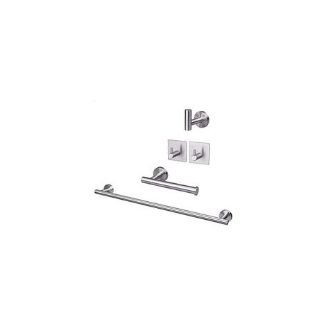 Set di 5 accessori da bagno in acciaio inox SUS304: portasciugamani, asta portasciugamani estensibile, portarotolo di carta igienica, 3 ganci per accappatoi, accessori da bagno (1/4)