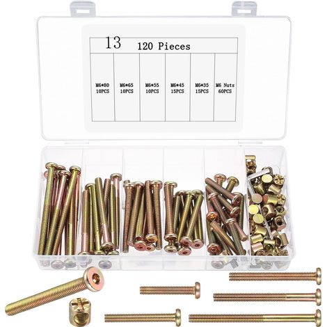 Lot de 120 vis pour meubles M6, vis hexagonales pour lit avec écrous cylindriques, vis pour lit avec écrous transversaux, vis à tête plate, vis à douille M6 x 33/45/55/65/80 mm (1/5)