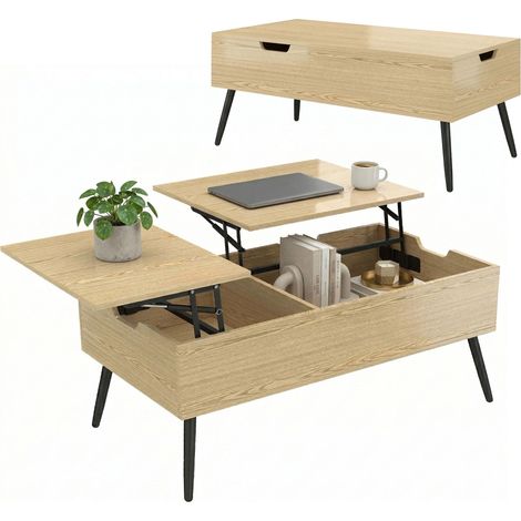 Table basse relevable avec double plateau, table de salon avec compartiment caché et pieds en métal, bois naturel (1/5)