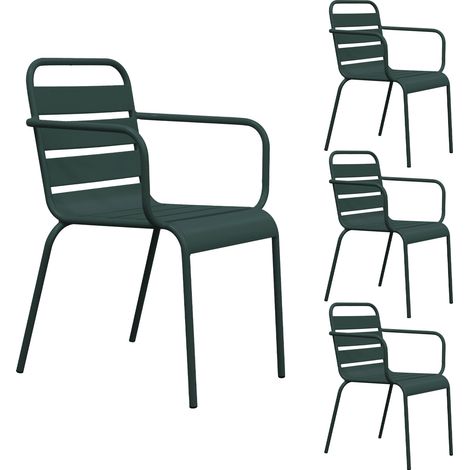 Lot de 4 chaises de jardin en métal vert sapin avec accoudoirs - BACA