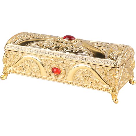 Coffret à bijoux vintage en métal doré, motif délicat rectangulaire, intérieur velours doux pour bagues boucles d'oreilles. (1/5)