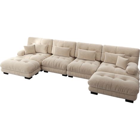 Divano modulare angolare U in chenille Light Brown con pouf mobili, 4 posti (1/5)