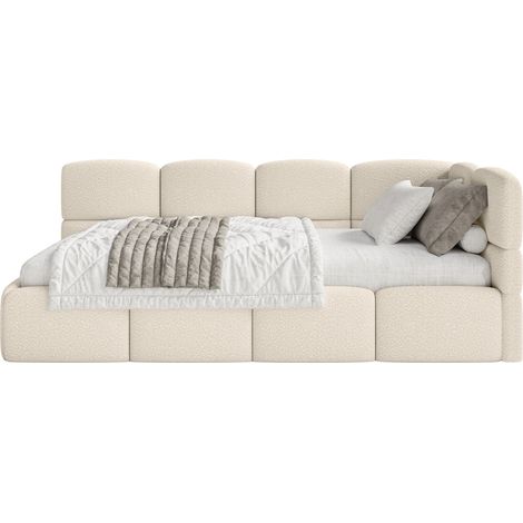 Selsey Cloudy – Jugendbett 90x200 cm, rechtsseitig, mit Bouclé-Bezug und Matratze, Hellbeige (1/5)