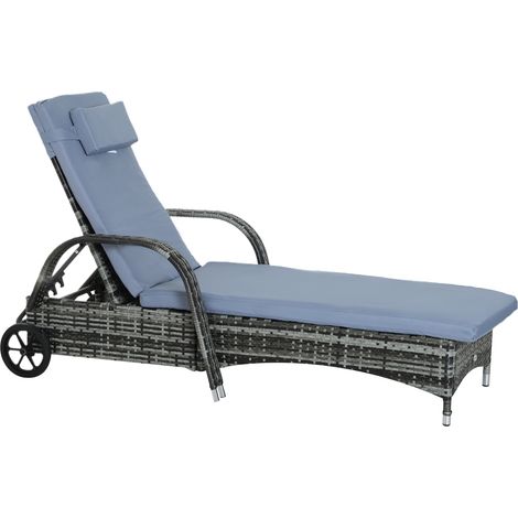 Chaise longue de jardin avec coussin, dossier réglable, cadre métallique, rotin synthétique, grise, 200 x 73 x 103 cm (1/5)