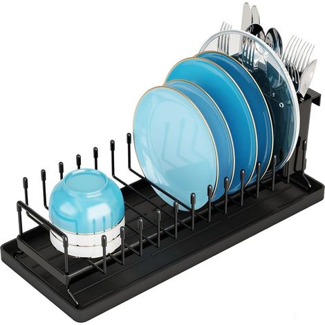 Égouttoir à vaisselle compact en acier inoxydable – 12 emplacements pour assiettes et couverts – Tapis de séchage en silicone – Pour petites cuisines (1/5)