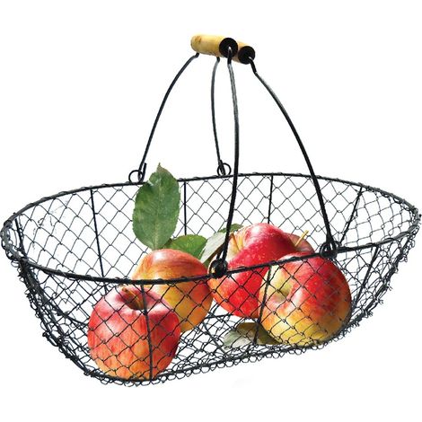 TERRE JARDIN - TERRE JARDIN - Cesta Cosecha, 8 L, en Metal Negro - Cesta Recoge Frutas, Asas Madera - Cesta Recoge Frutas