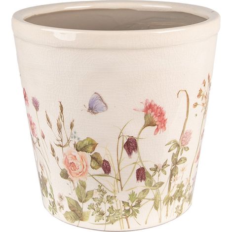 Pot de Fleurs en Céramique Beige Rosé Motif Fleurs et Papillons pour Intérieur Ø 21 x 19 cm - PANGIVO (1/3)