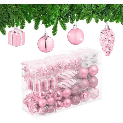 Boules de Noël, Lot de 72, en Plastique, Ornements de Sapin, cœurs, Bottes, Pommes de pin, Roses (1/4)
