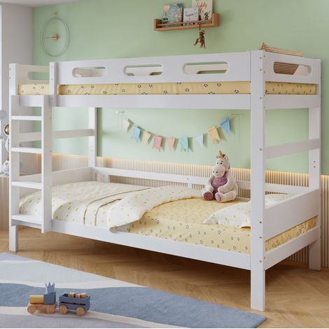 Cama litera infantil moderna de madera blanca 90x200 cm con escalera, barandilla de seguridad y somier de láminas (1/5)