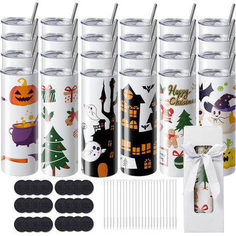 Set mit 24 Sublimationsbechern, 591,5 ml, doppelwandiger Edelstahl, mit Strohhalmen, Deckeln, Pinseln, Geschenkverpackung, für Heißpressen (1/5)