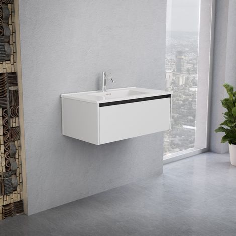 Inda - Badezimmerschrank 1 Schublade B.80 mit glänzendem Waschbecken / Mattweiß - Smeraldo (1/5)