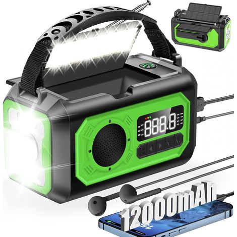 Tragbares Notfallradio mit Wetterwarnung, solarbetriebenes Kurbelradio, SOS-Alarm, 3 Beleuchtungsmodi, 12.000-mAh-Powerbank, Kompass, grün (1/5)