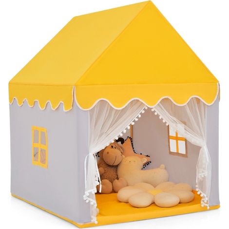 Maisonnette pour enfants avec cadre en bois massif et couverture en coton tente pour enfants gris jaune (1/5)