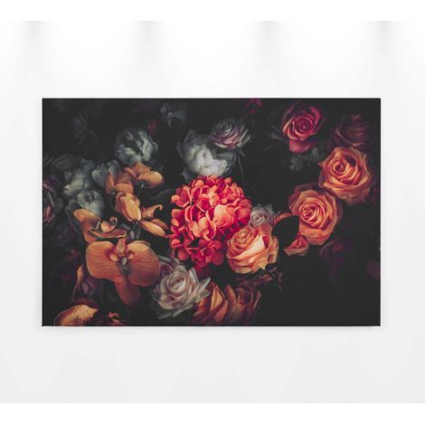 Tableau fleur noir rose & orange | Tableau style anglais idéal pour salon & couloir | Tableau sur toile fleurs colorées sur fond noir 0,9 x 0,6 m (1/5)
