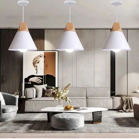 U-DO 3Pcs Lustre Suspension Luminaire Vintage Lampe en Métal Blanc en Bois E27 Ajustable Lustre Intérieur Rétro pour Salon Cuisine (1/4)