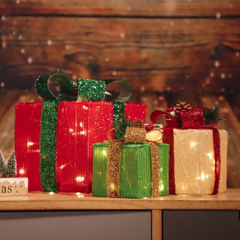 Set di 3 decorazioni natalizie luminose con 60 luci LED, tre scatole regalo luminose di diverse dimensioni, decorazione da giardino per esterni per feste di Natale (1/5)